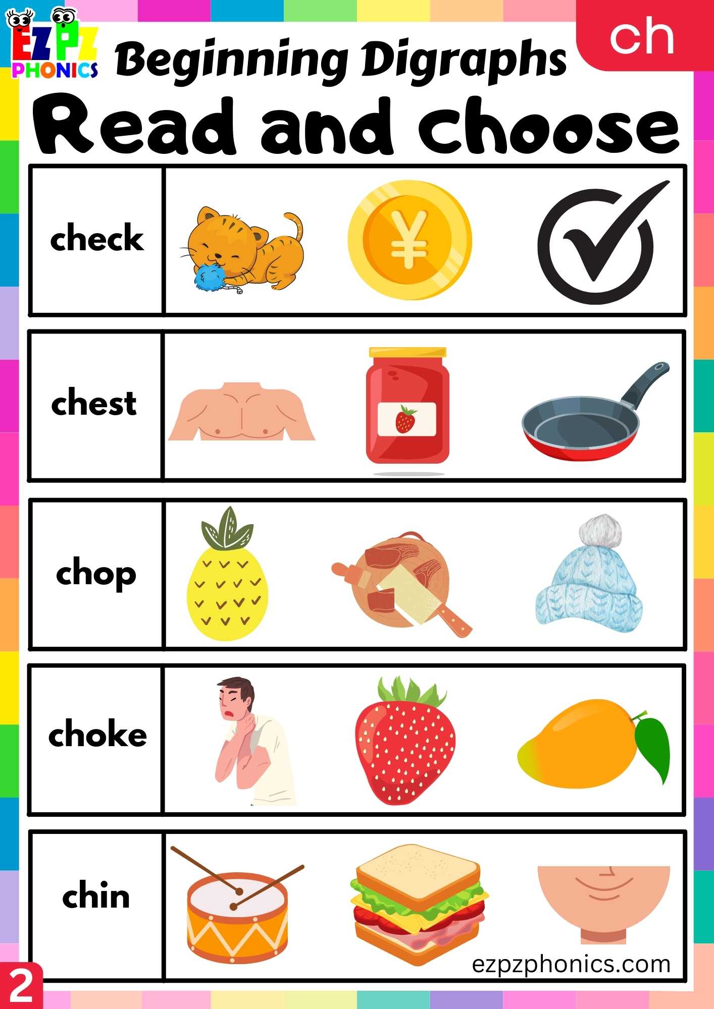 Group2 CH Words Read And Choose Consonant Digraphs Phonics Beginning Worksheet